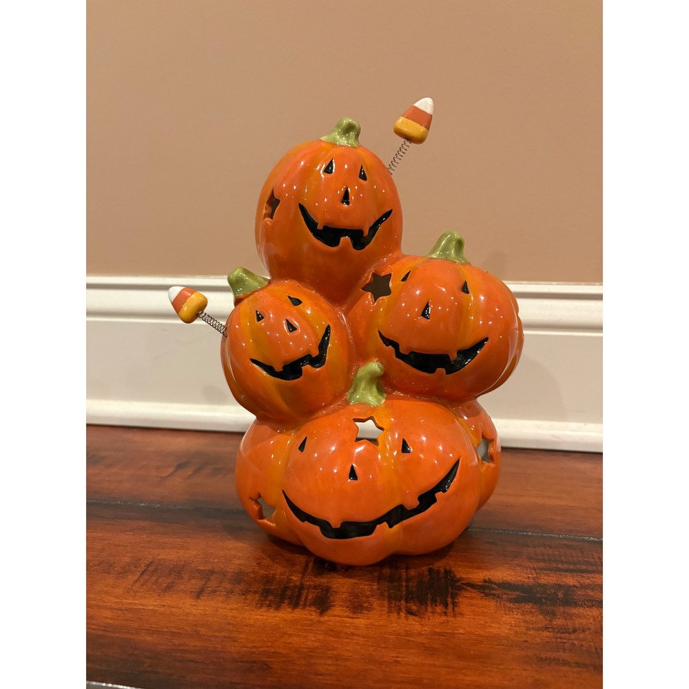 Kohls Halloween Ceramic Stacked Pumpkin Jack-O-Lantern Tealite Holder HAL04L05R